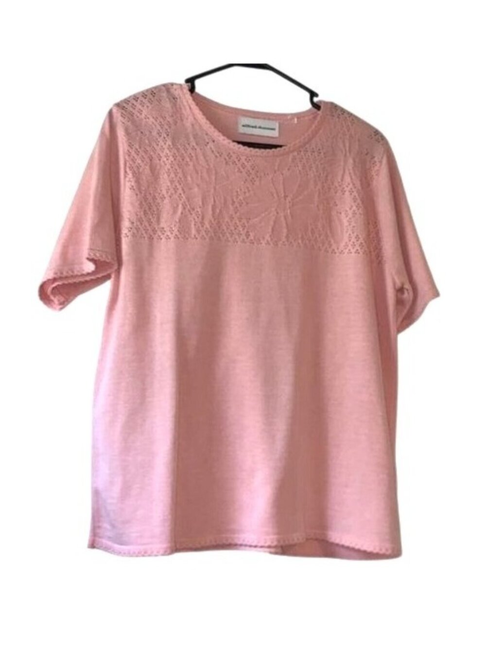 Alfred Dunner Pink Short-Sleeve Knit Top With Floral Lace Detail Womens Size XL